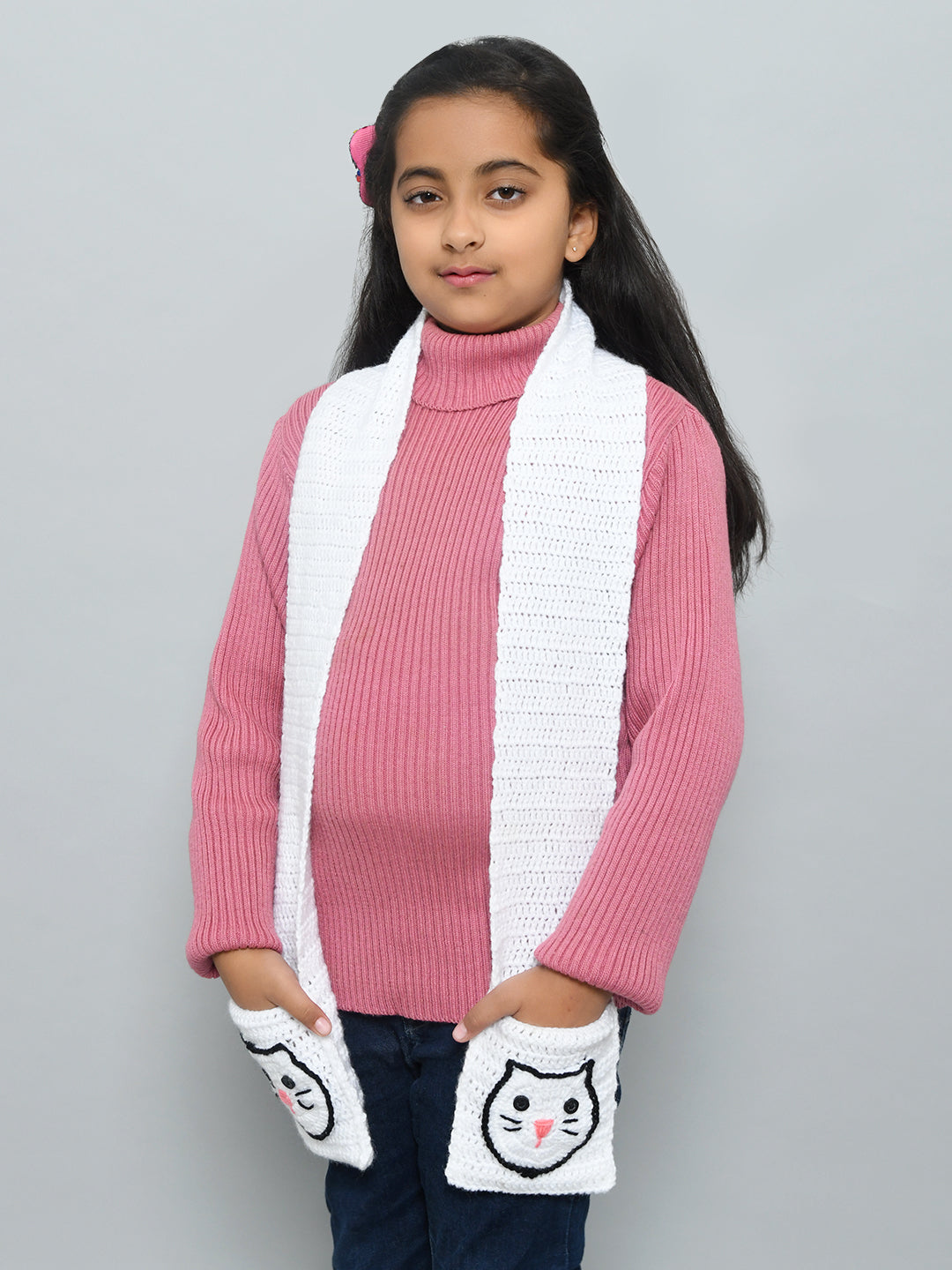 White Handmade Woollen Muffler For Kids With Pockets