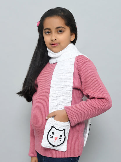 White Handmade Woollen Muffler For Kids With Pockets