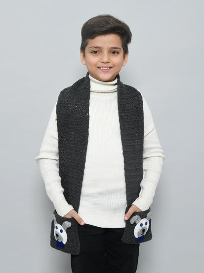 White Handmade Woollen Muffler For Kids With Pockets