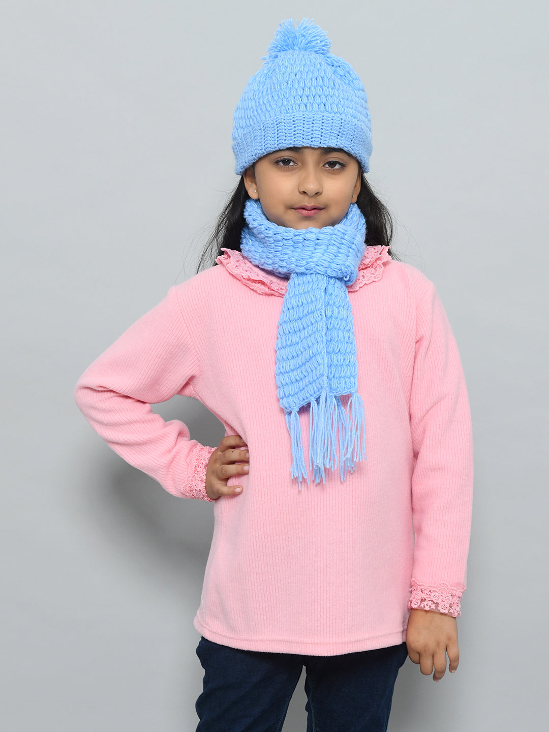 Pink Handmade Woollen Bubble Muffler with Cap Set For Girls