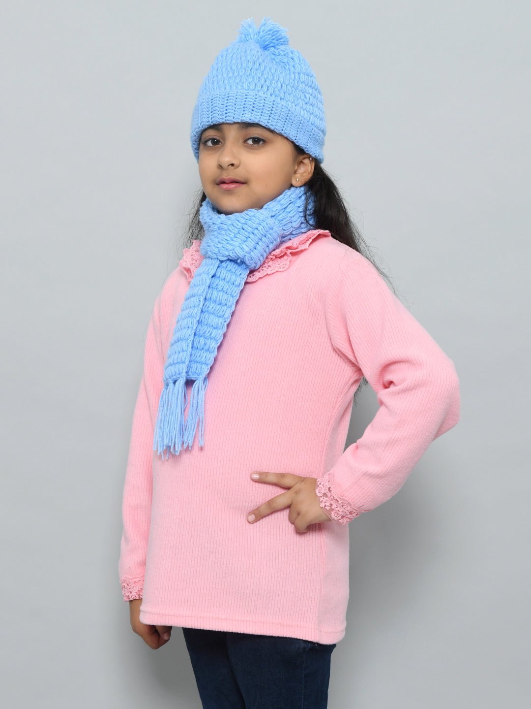 Pink Handmade Woollen Bubble Muffler with Cap Set For Girls