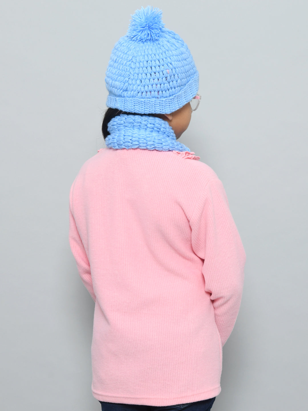 Pink Handmade Woollen Bubble Muffler with Cap Set For Girls