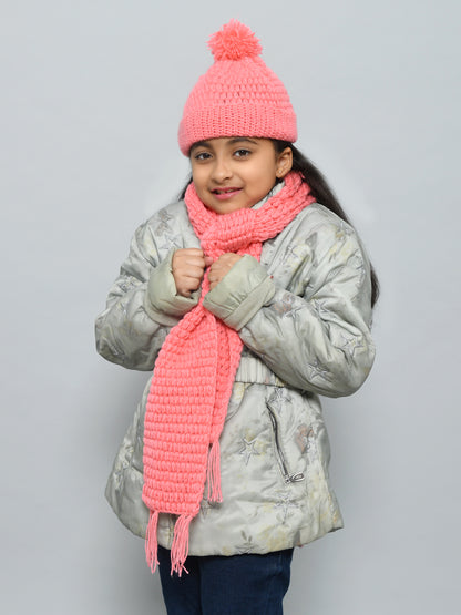 Pink Handmade Woollen Bubble Muffler with Cap Set For Girls