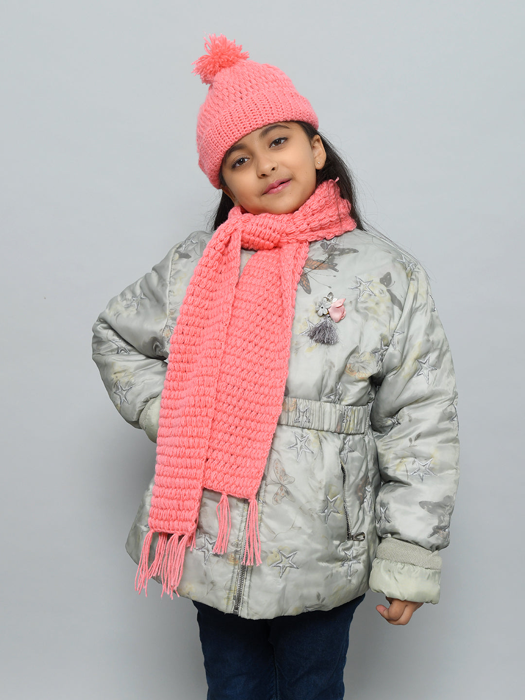 Pink Handmade Woollen Bubble Muffler with Cap Set For Girls