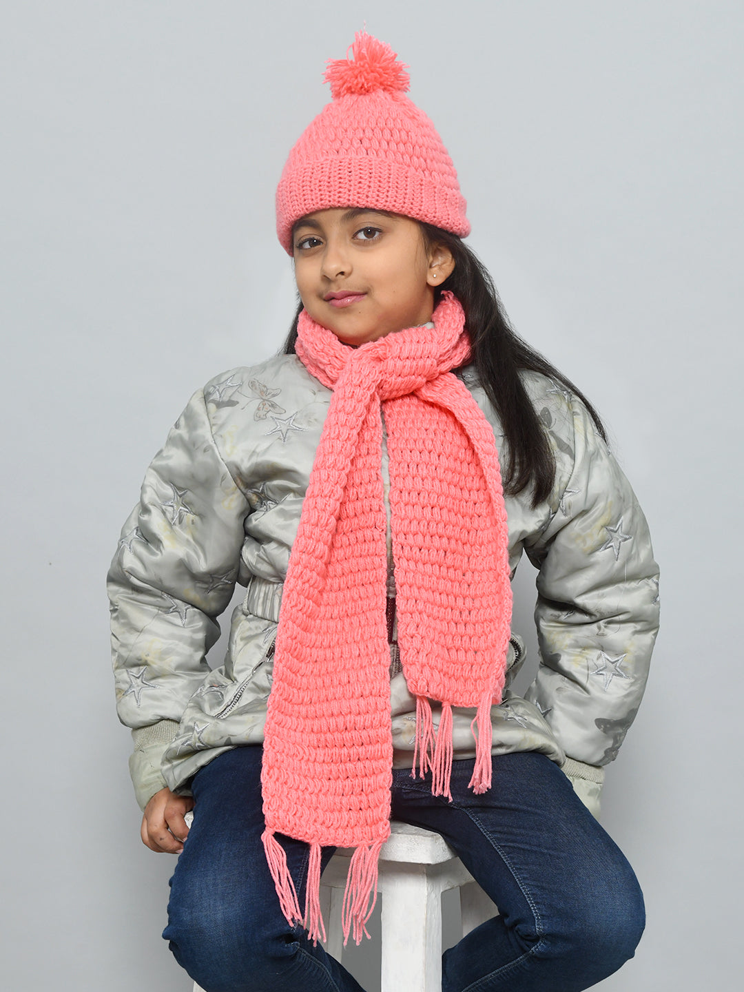 Pink Handmade Woollen Bubble Muffler with Cap Set For Girls