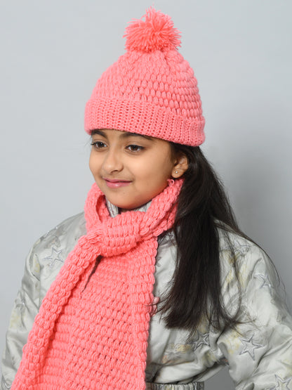 Pink Handmade Woollen Bubble Muffler with Cap Set For Girls